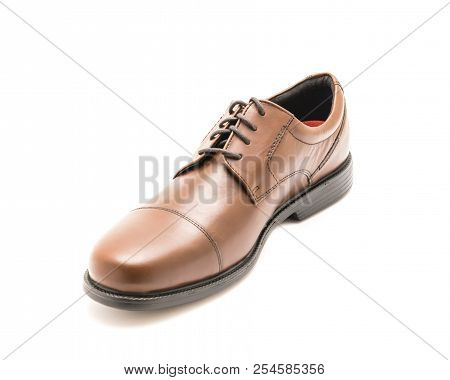 Studio Shot Shiny Brown Dress Cap Toe Oxford Shoes Isolate On White