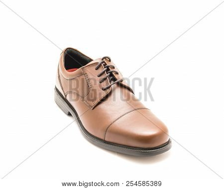 Studio Shot Shiny Brown Dress Cap Toe Oxford Shoes Isolate On White