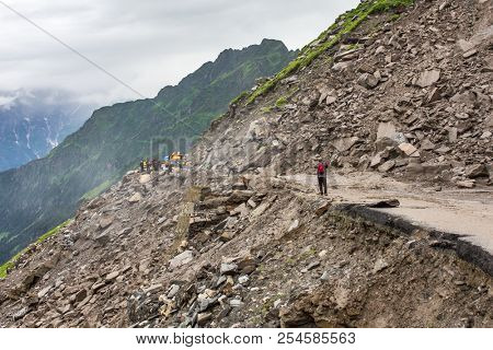 Landslide on the Manali - Leh Highway at the Rohtang pass area, HImachal Pradesh, India.