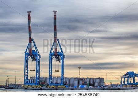 Genoa (genova), Italy, January 14, 2017 - Big Cranes In The Port Of Genoa (genova), Italy