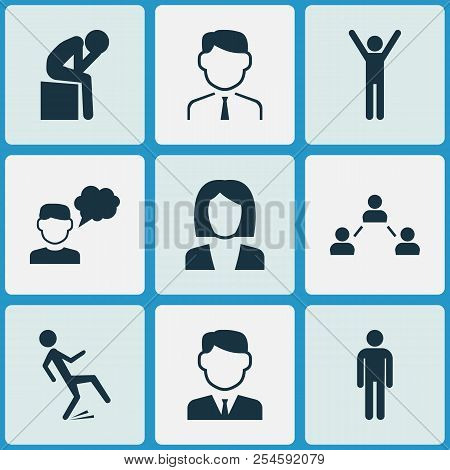 Human Icons Set With Falling Human, Businessman, Job Woman And Other Downfall Elements. Isolated Vec