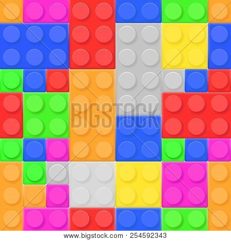 Construction Toy Bricks. Colored Building Blocks Set As Seamless Pattern. Vector Illustration