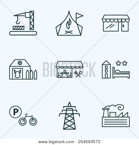 Urban Icons Line Style Set With Power Tower, Farm House, Bicycle Parking And Other Hostel Elements. 