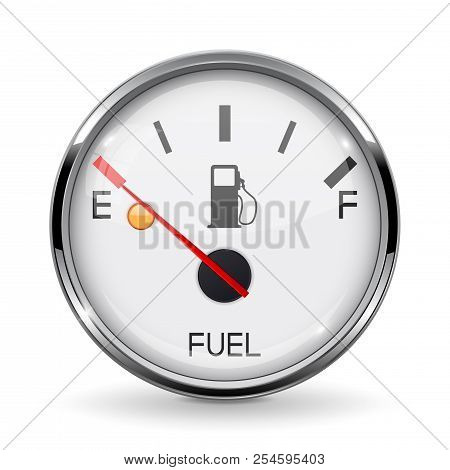 Fuel Gauge. Empty Tank. Round Car Dashboard 3d Device With Chrome Frame. Vector Illustration Isolate
