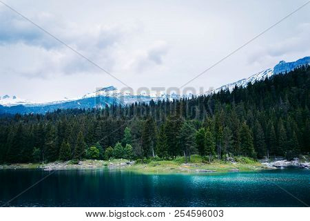 Beautiful View Of Lago Di Braies Or Pragser Wildsee, Trentino Alto Adidge, Dolomites Mountains, Ital