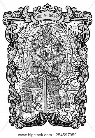 King Of Swords. Minor Arcana Tarot Card. The Magic Gate Deck. Fantasy Engraved Vector Illustration W