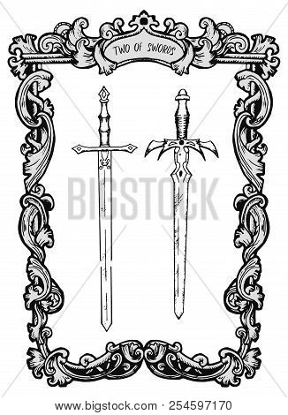 Two Of Swords. Minor Arcana Tarot Card. The Magic Gate Deck. Fantasy Engraved Vector Illustration Wi