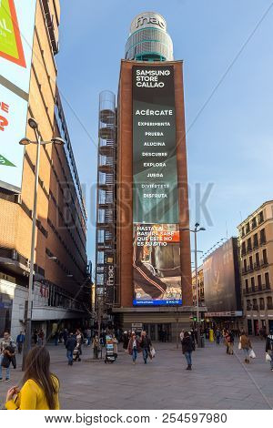 Madrid, Spain - January 23, 2018: Sunset View Of Walking People At Callao Square (plaza Del Callao) 