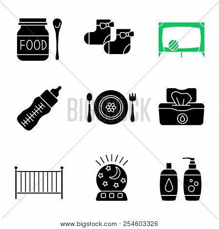 Childcare Glyph Icons Set. Baby Food, Socks, Playpen, Feeding Bottle, Dishes, Wet Wipes, Crib, Night