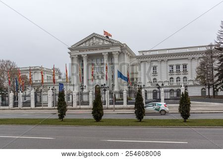 Skopje, Republic Of Macedonia - February 24, 2018:  Building Of Government Of The Republic Of Macedo