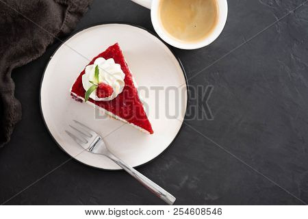 Raspberry Tart, Mousse Cake, Cheesecake With Fresh Raspberries. Piece Of Cheesecake On A White Plate
