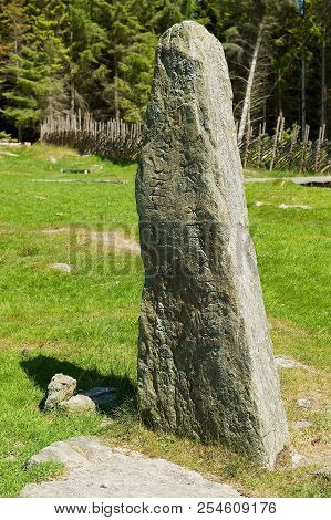 Kamroy, Norway - June 05, 2010: Landmark Stone In The Reconstructed Traditional Viking Village In Ka