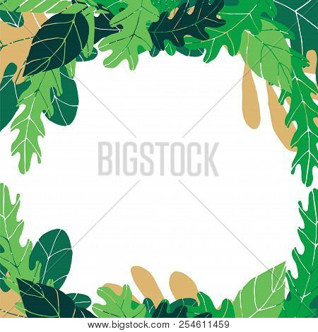 Vector Frame With Green Leaves On A Transparent Background. Template For Greeting Card, Banners, Pos