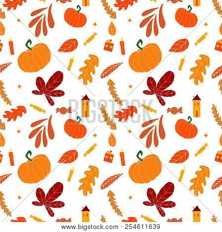 Seamless Autumn Pattern. Halloween Pattern Background. Doodle Hand Drawn Design. Vector Illustration