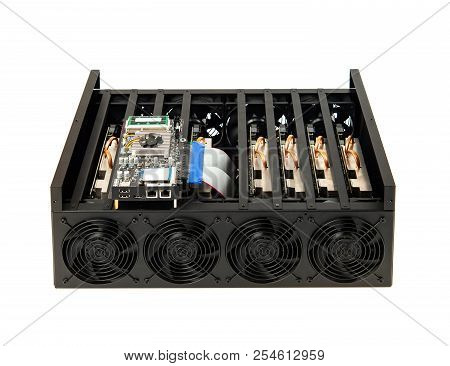 Farm For Mining Cryptocurrency,  Motherboard With Processor And Graphic Cards Isolated On White Back