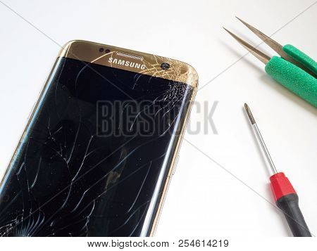 Chiangrai, Thailand: September 20, 2017 - Smart Phone Samsung Galaxy S7 Edge Broken And Cracked Scre