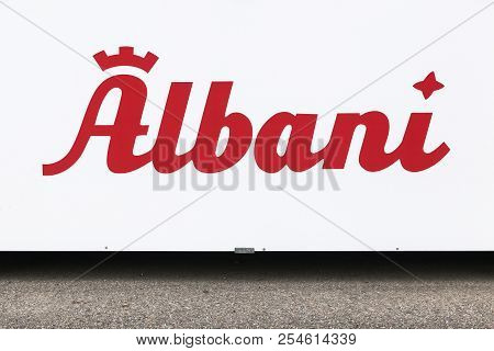 Odense, Denmark - August 16, 2018: Albani beer logo on a wall. Albani is a brewery located in Odense, Denmark, and the vast majority of its customers live on the island of Funen