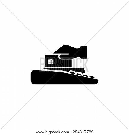 Businessman Hand With Credit Card, Pos Pdq Terminal. Flat Vector Icon Illustration. Simple Black Sym