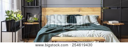 Green Blanket On Wooden Bed In Minimal Grey Bedroom Interior With Plants. Real Photo