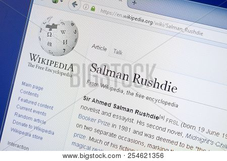 Ryazan, Russia - August 19, 2018: Wikipedia Page About Salman Rushdie On The Display Of Pc