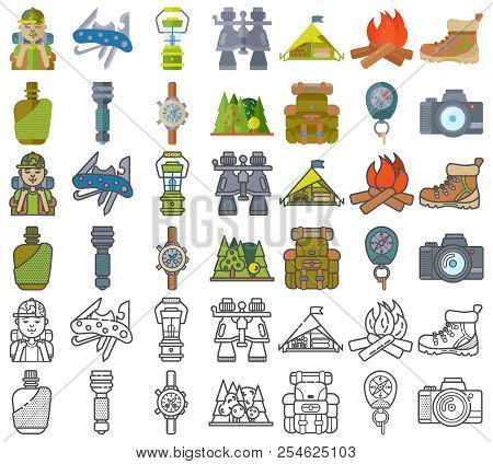 Hiking Equipment And Forest Leasure Vector Icon Set. Mountain Hiking And Trekking Elements. Multitoo