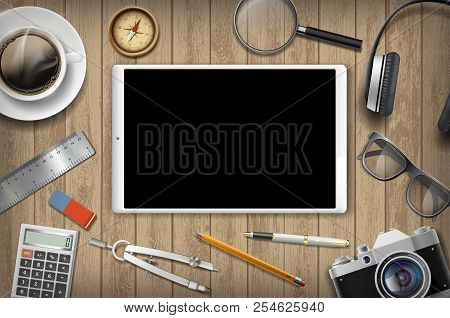 Tablet With Black Screen And Office Supplies Lying On A Wooden Table. Stock Vector Illustration.