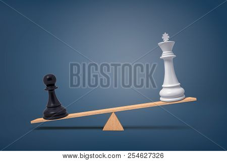 3d Rendering Of Black Chess Pawn Piece Overweighs A White King On A Wooden Seesaw On A Blue Backgrou