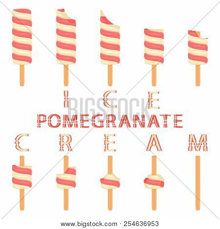 Vector Illustration Logo For Natural Pomegranate Ice Cream On Stick. Ice Cream Pattern Consisting Of