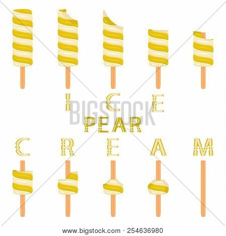 Vector Illustration Logo For Natural Pear Ice Cream On Stick. Ice Cream Pattern Consisting Of Sweet 