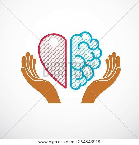 Heart And Brain Concept, Conflict Between Emotions And Rational Thinking, Teamwork And Balance Betwe