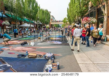 Redmond, Wa. /  Usa - August 19th 2018: Spectators Enjoy Art At The Chalkfest Event In Redmond, Wash