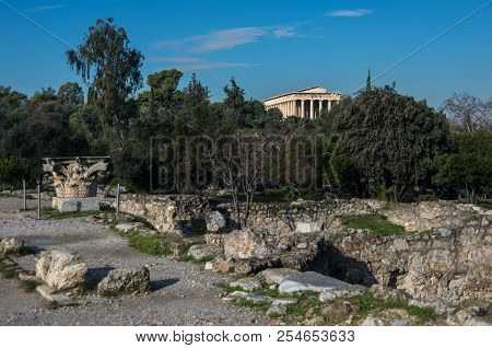 Ruins Of Ancient Agora With Temple Of Hephaestus At Background. Athens, Greece