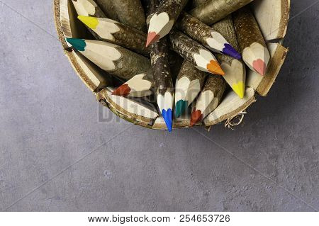 Back To School And Education Banner With Colorful Pencils, Frame Of Multicolored Pencil On Grey Back