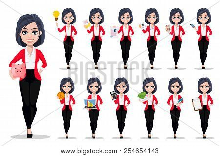 Business Woman, Manager, Banker. Beautiful Female Banker In Business Suit. Pretty Cartoon Character,