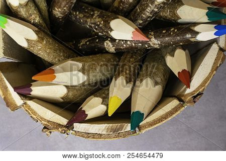 Colorful Pencils In Wooden Holder Isolated, Back To School, The First September