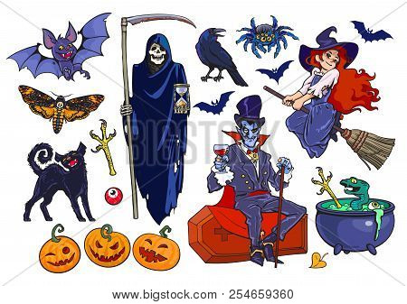 Big Set Of Halloween Cartoon Characters And Objects. Hand Drawn Vector.