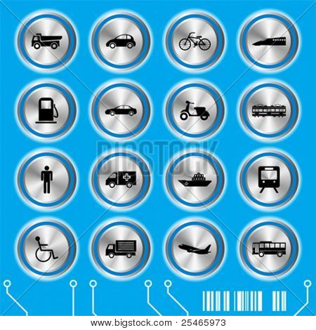 Set di icone di trasporto blu. Illustrazione vettoriale.