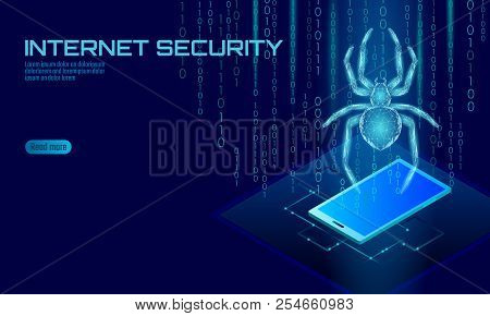 Isometric 3d Spider Hacker Attack Danger. Web Security Virus Data Safety Antivirus Concept. Smartpho
