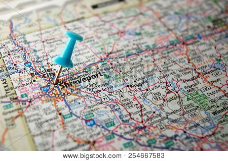 A Map Of Shreveport, Louisiana Marked With A Push Pin.