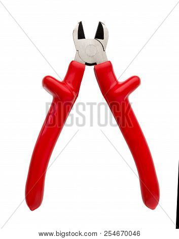 Pliers Tool Isolated On A White Background. Cutting Pliers Or Nippers, Side Cutter Red Color.