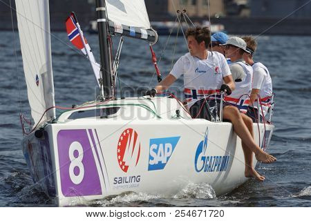 ST. PETERSBURG, RUSSIA - AUGUST 3, 2018: Team Tonsberg Seilforening from Norway compete in Semifinal 2 of Sailing Champions League. 25 sailing teams participate in the competitions