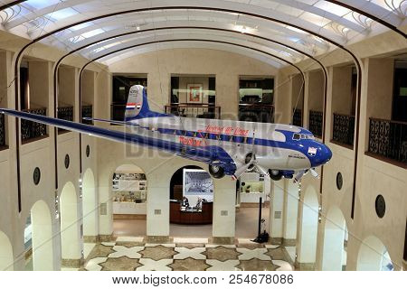 August 14, 2018 In San Francisco, Ca:  Vintage Dc3 Model Airliner Hanging From The Ceiling Taken At 