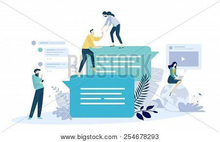 Vector Illustration Concept Of Online Communication, Social Media, Networking, Community Group. Crea