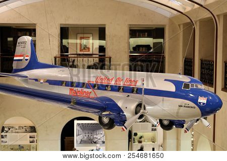 August 14, 2018 In San Francisco, Ca:  Vintage Dc3 Model Aircraft Hanging From The Ceiling Taken In 