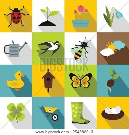 Spring Icons Set. Flat Illustration Of 16 Spring Icons For Web