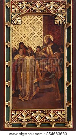 ZAGREB, CROATIA - APRIL 16: St. Ladislaus sends the first bishop of Zagreb, altarpiece in Zagreb cathedral dedicated to the Assumption of Mary in Zagreb on April 16, 2015
