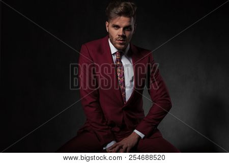 portrait of seductive young man wearing grena suit sitting on grey wallpaper background