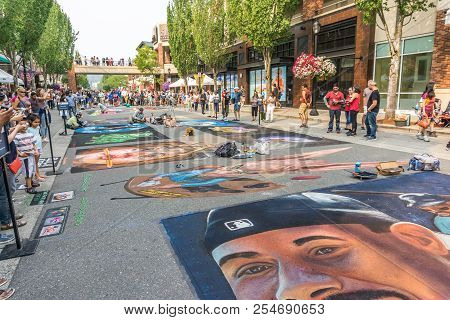 Redmond, Wa. /  Usa - August 19th 2018: Spectators Enjoy Art At The Chalkfest Event In Redmond, Wash