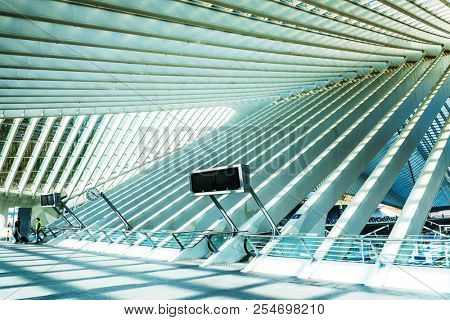 LIEGE, BELGIUM - February 24, 2018: famous architecture railway station Liege-Guillemins