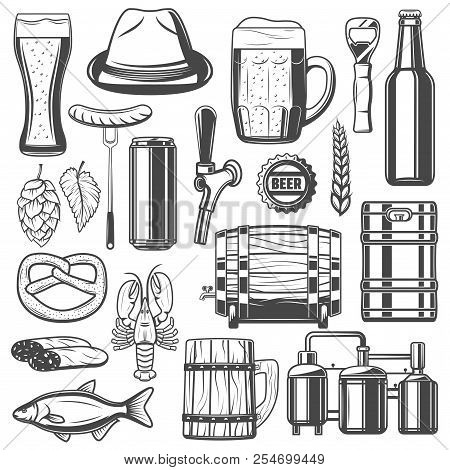 Beer Brewery, Snacks And Craft Brewing Production Line Icons For Festival Or Traditional Oktoberfest